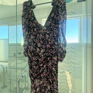 Elegant Floral Midi Dress in Black and Purple